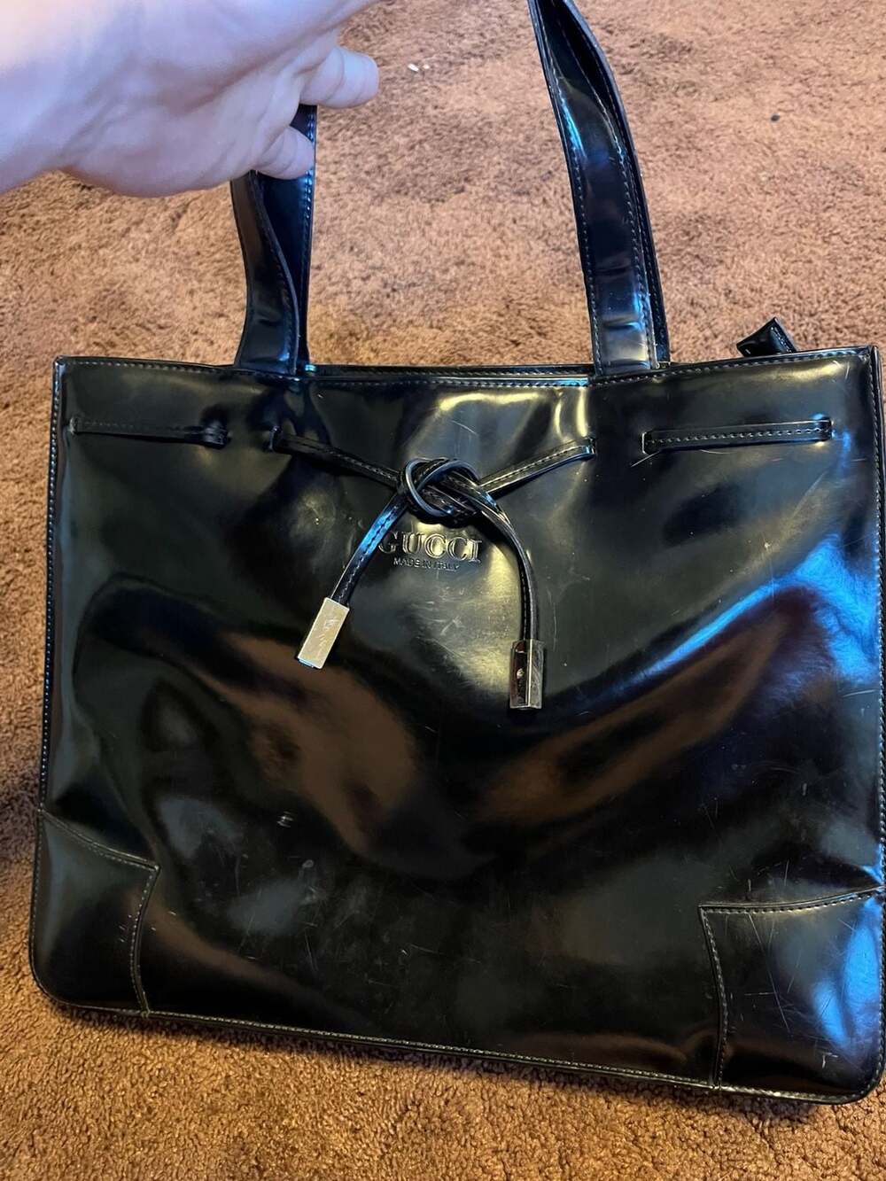 GUCCI Vintage Black Patent Leather Tote Bag with Drawstring and Front Logo